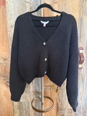 No Boundaries Black V-Neck Textured Cardigan with Rhinestone Buttons